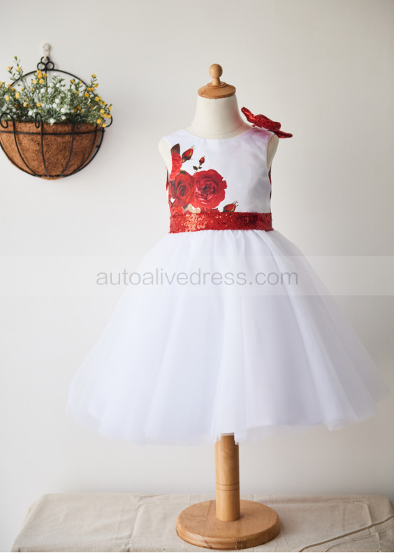 White Printed Satin Tulle Knee Length Romantic Flower Girl Dress